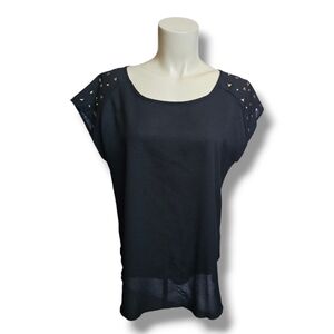 Mine sheer blouse with shoulder embellishment, side slits button back. Medium